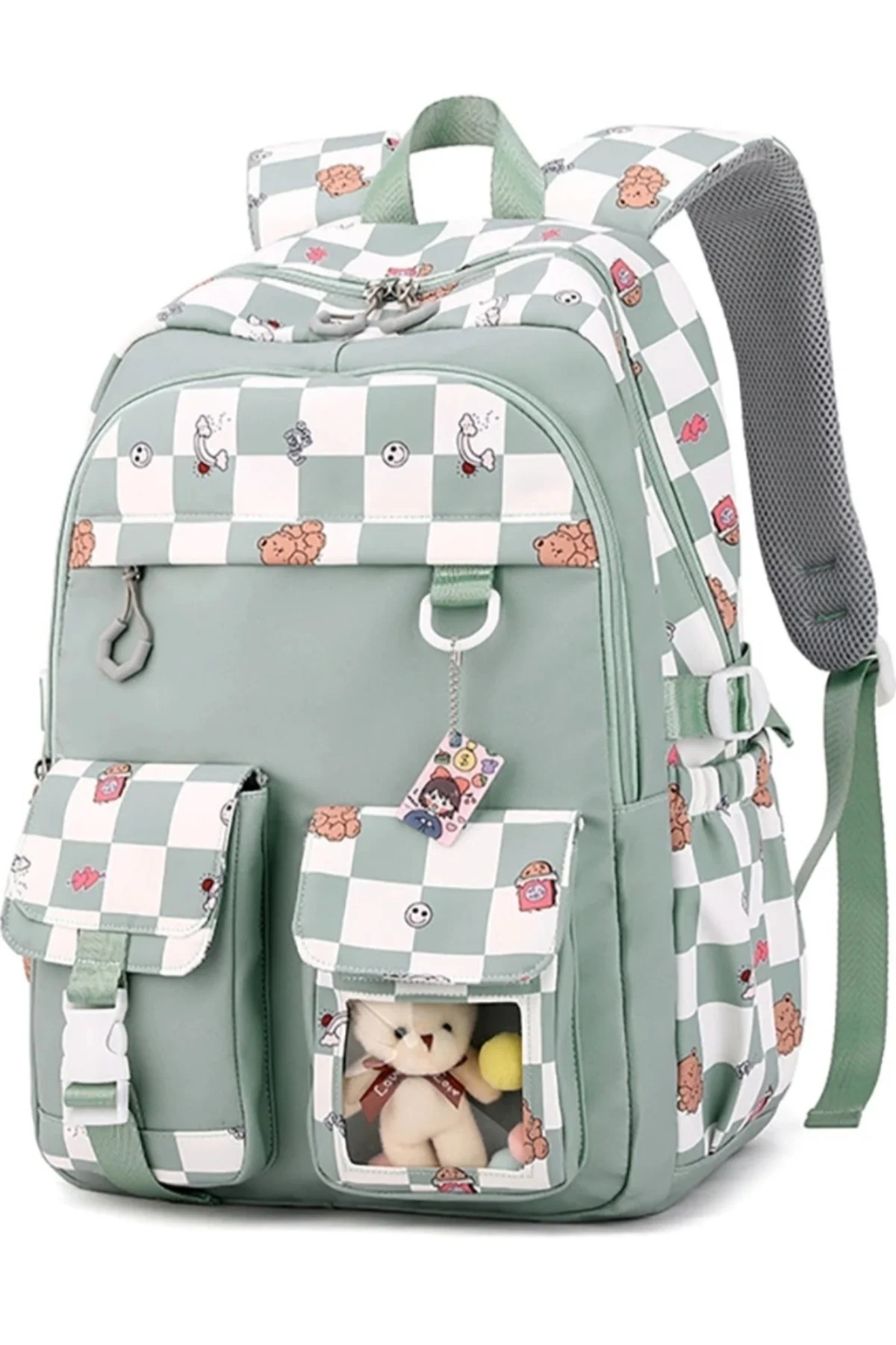 Checked pattern school backpack with accessories kit