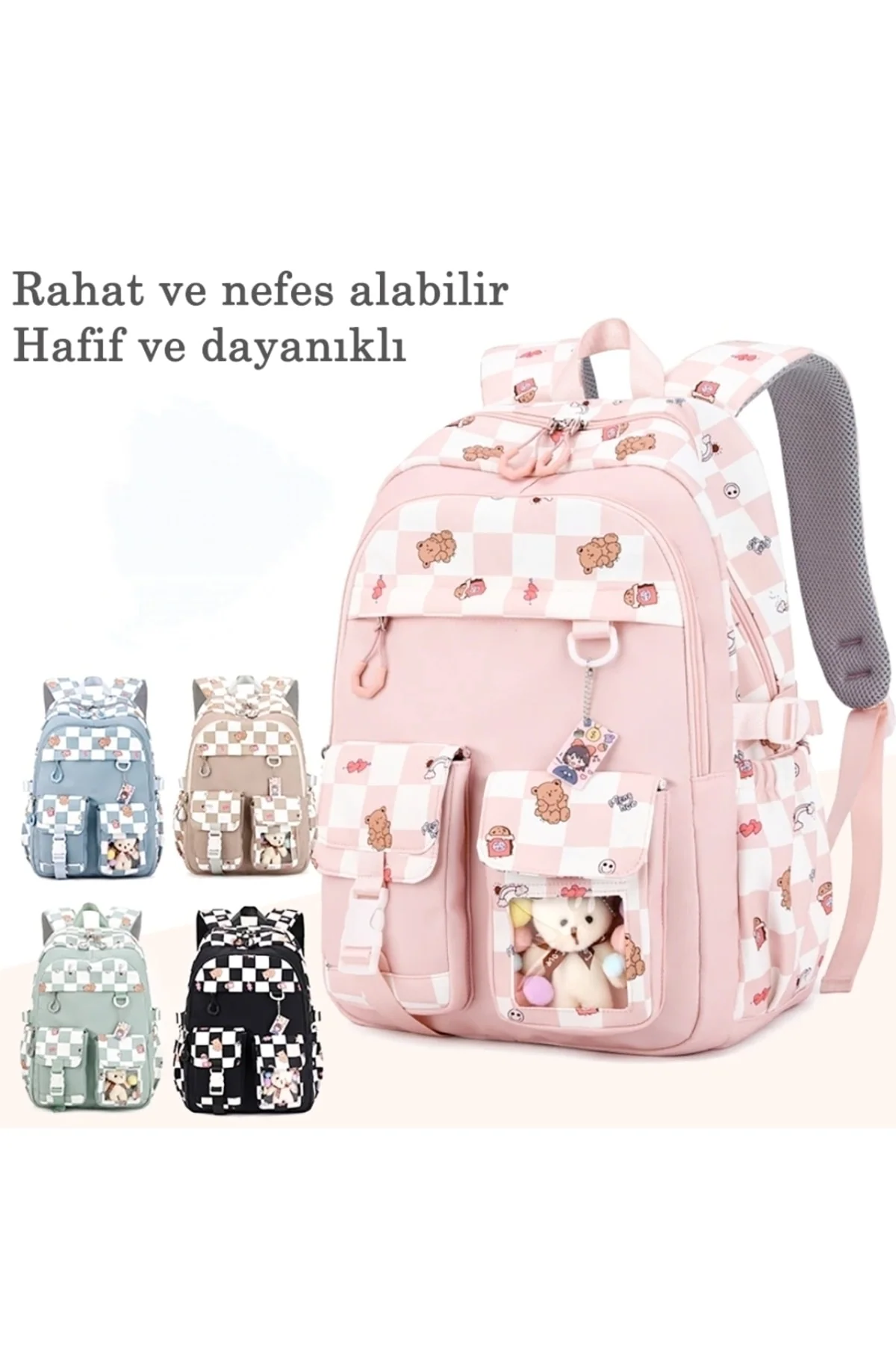 Checked pattern school backpack with accessories kit