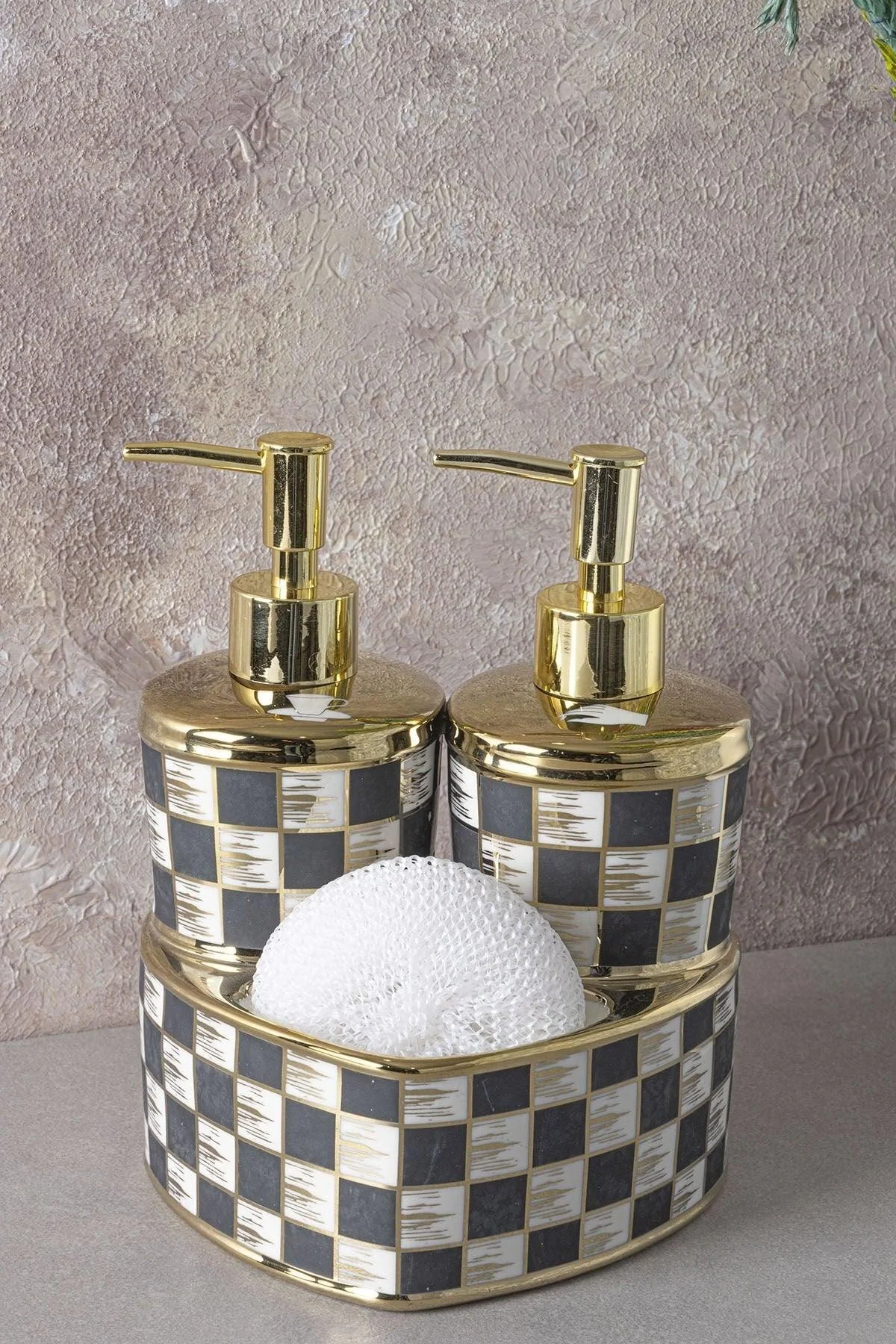 Double liquid soap dispenser set with checkered pattern
