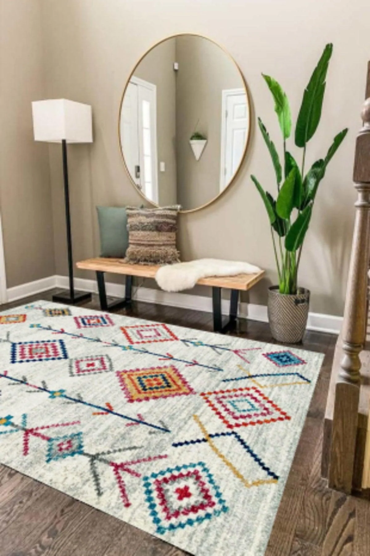 Machine-washable chenille rug with dot-patterned design and non-slip backing
