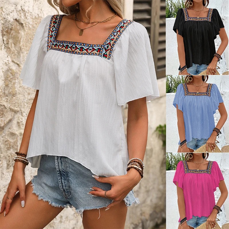 Chic Backless Square Collar Short Sleeve Pullover Shirt