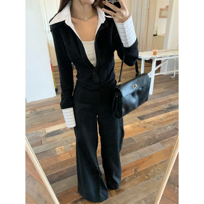 Chic False Two-Piece Lapel Knit Winter Sweater