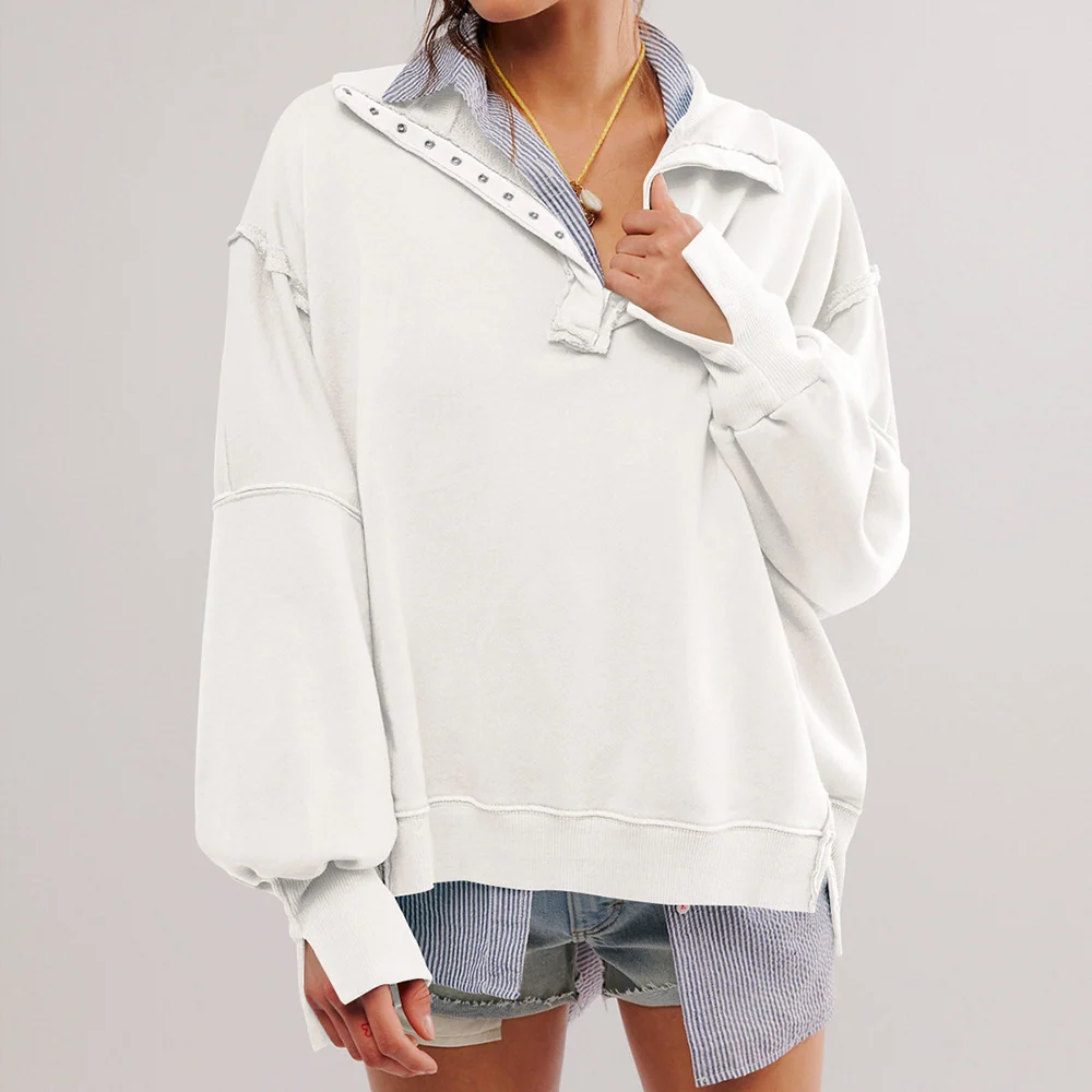 Chic Lantern Sleeve Split Lapel Pullover Sweater