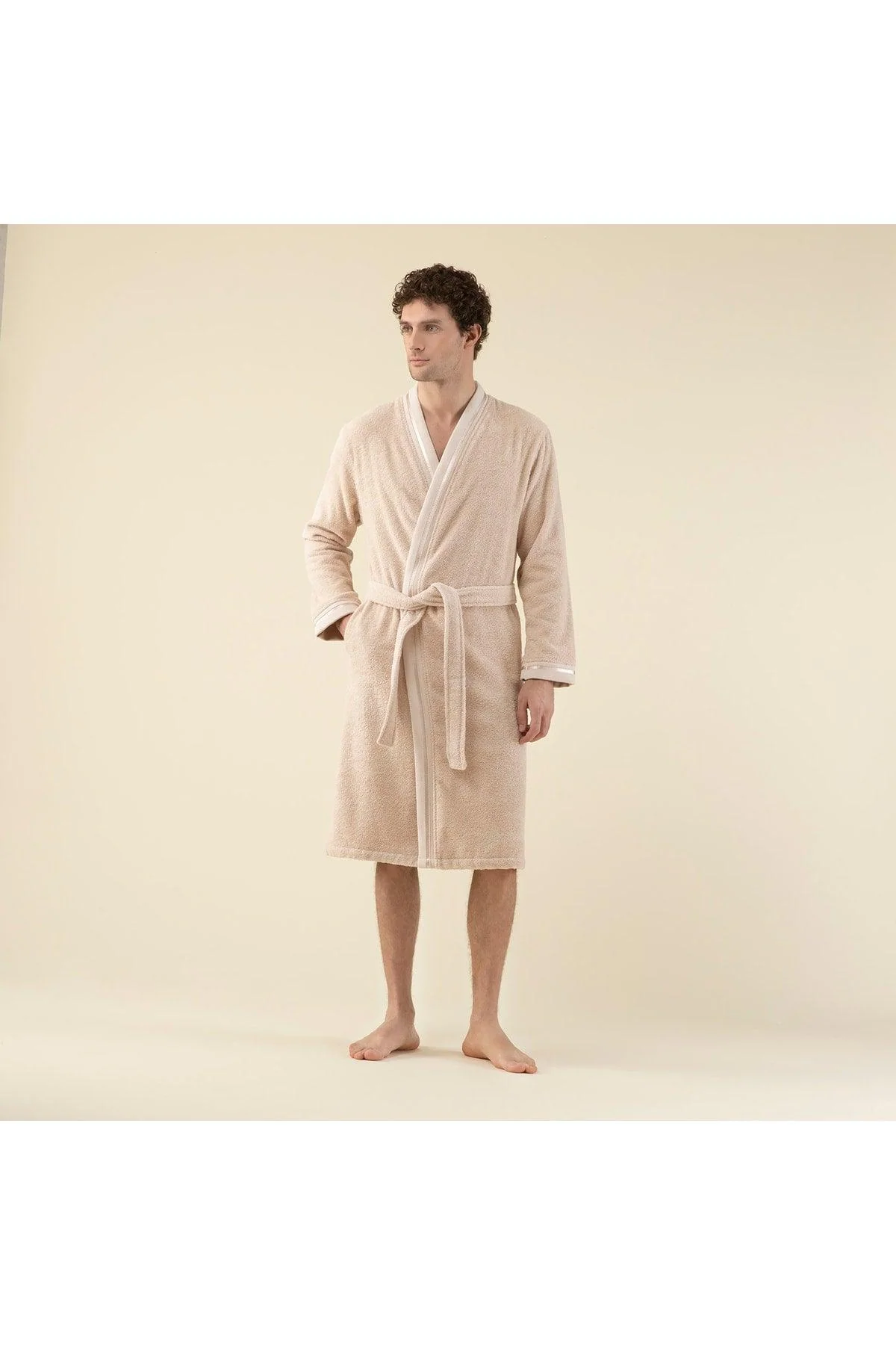 Men’s Beige Bathrobe – 100% Cotton, Classic Comfort