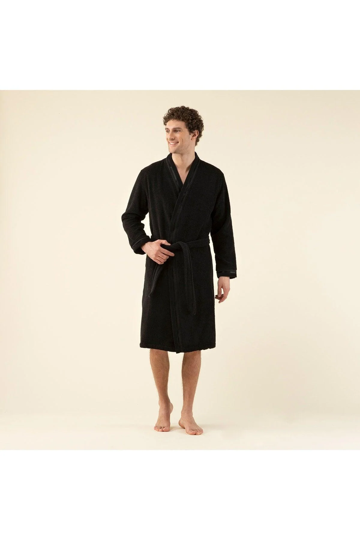 Black 100% cotton men's bathrobe for comfort and relaxation