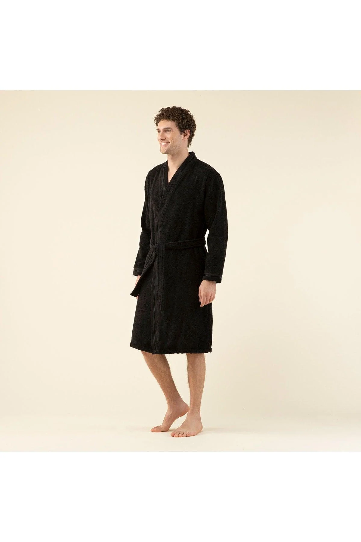 Black 100% cotton men's bathrobe for comfort and relaxation