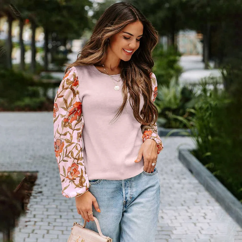 Chic Printed Lantern Sleeve Casual Pullover Sweater