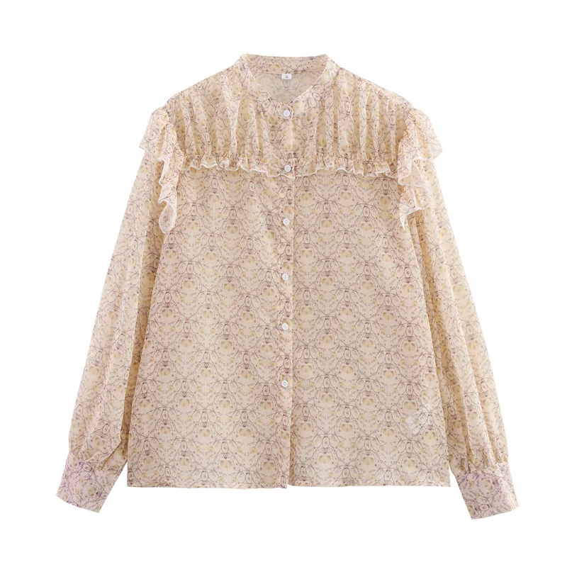 Chic Printed Tulle Long Sleeve Blouse