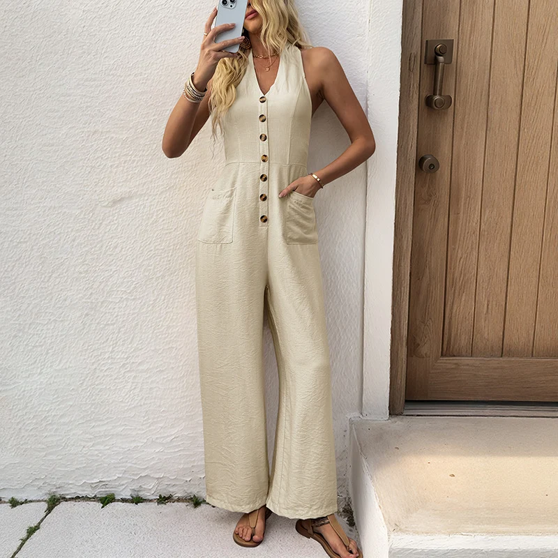 Chic Solid Color Halter Wide-Leg Jumpsuit