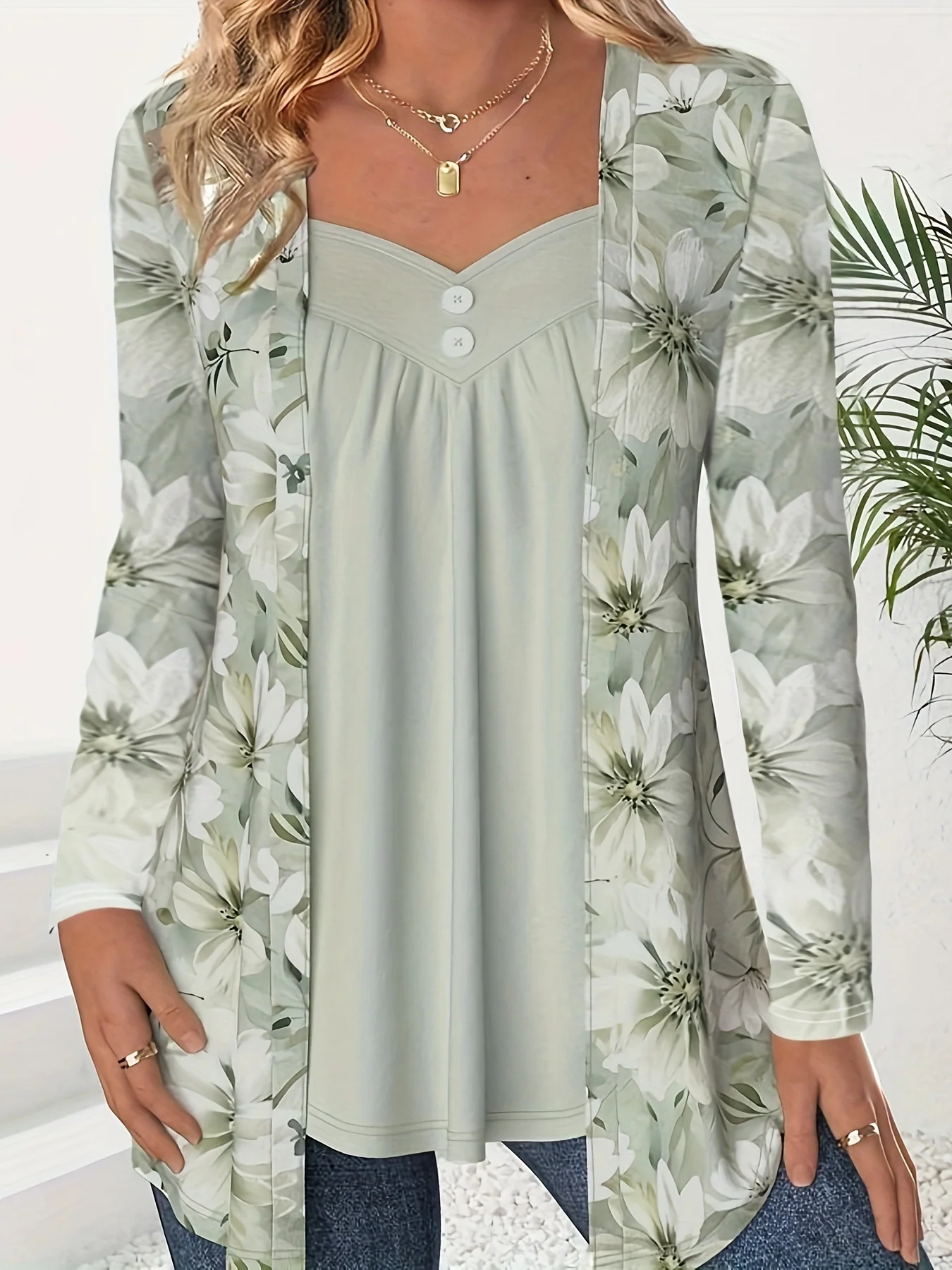 Chic Two-in-One Printed Long-Sleeve Button Top