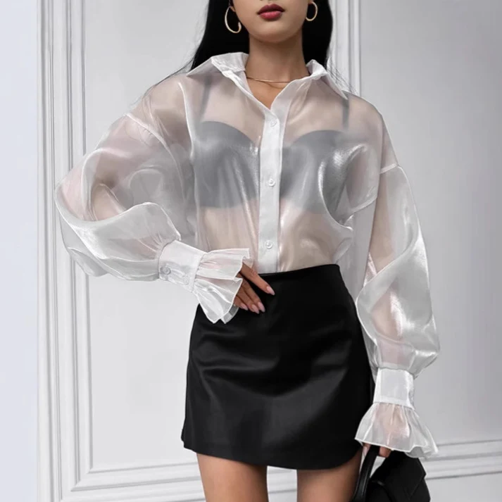Chic White Lapel Long-Sleeve Button Top