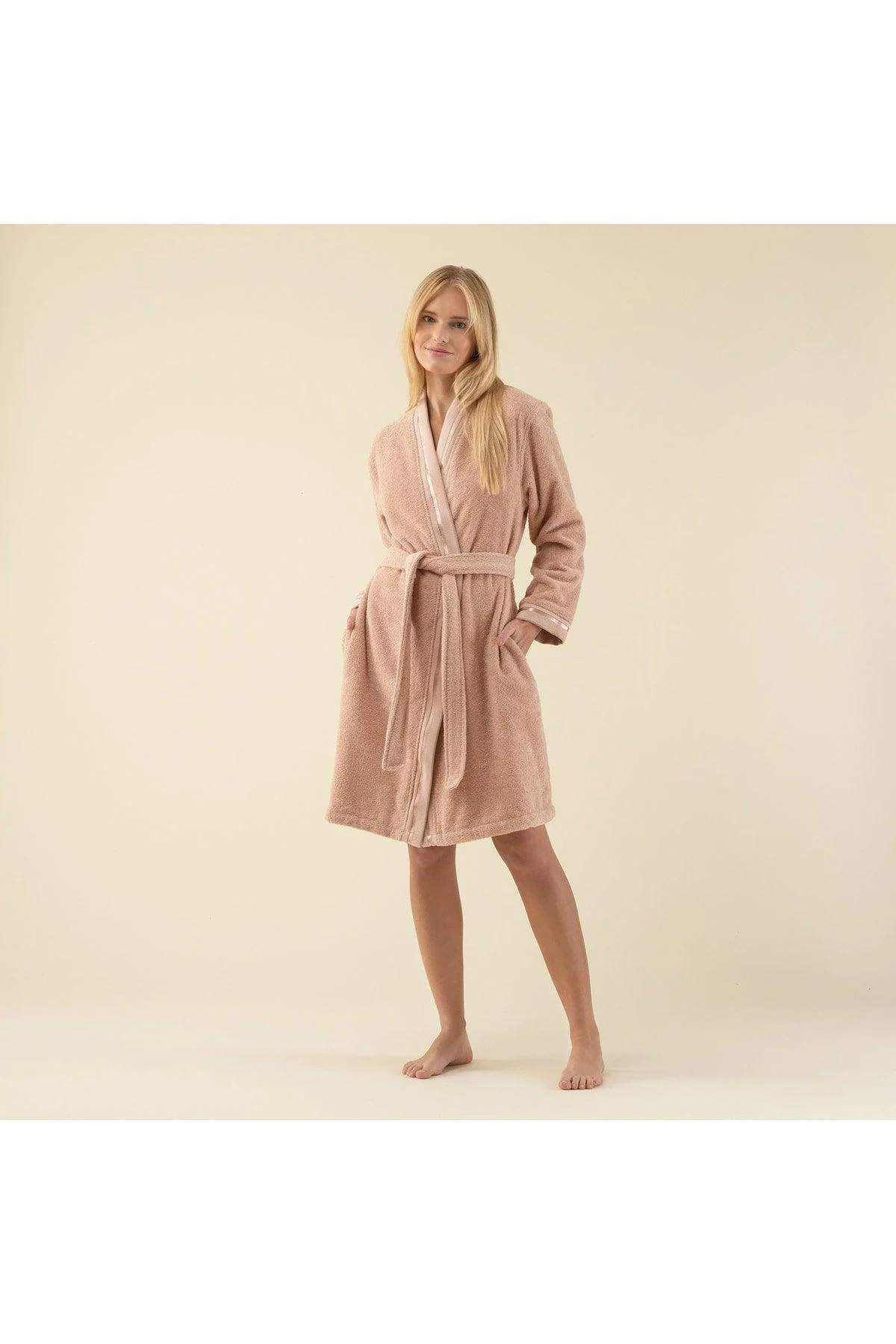 Women's soft salmon cotton bathrobe for post-shower comfort