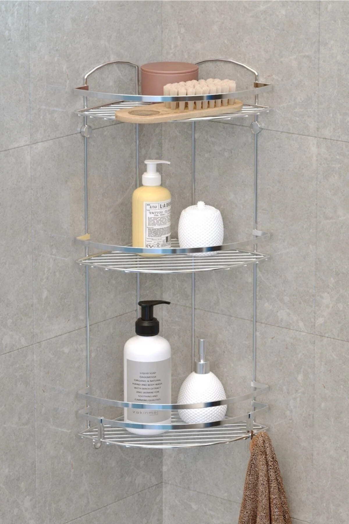 Chrome corner bathroom shelf with three tiers, 24 x 24 x 62 cm