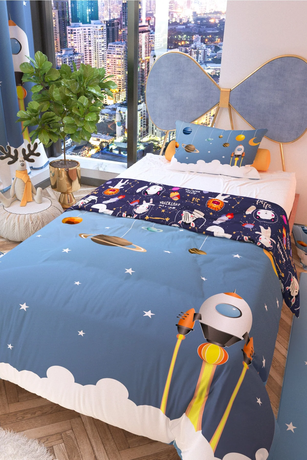 Kids cloud and space shuttle duvet cover set polycotton 160x220 cm with pillowcase