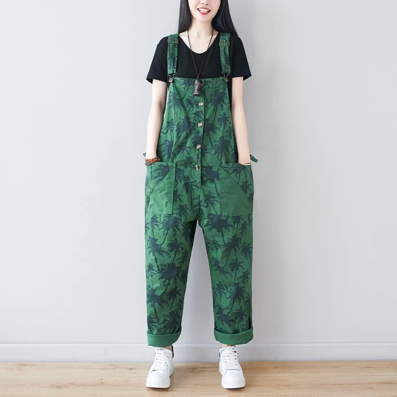 Coconut Tree Print Plus Size Bib Pants