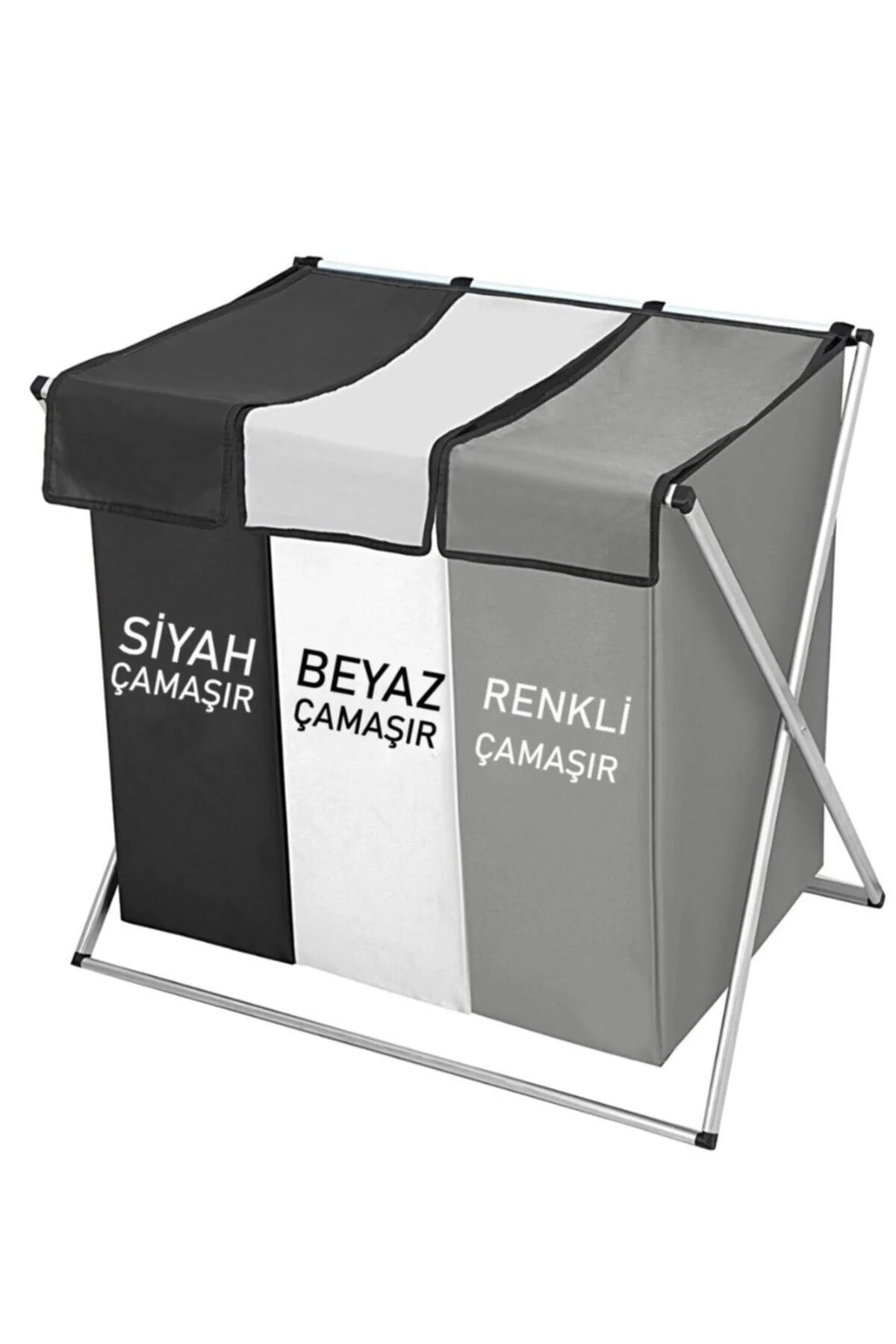 Foldable Three-Chamber Laundry Basket with Aluminum Frame - 58 x 64 x 42 cm
