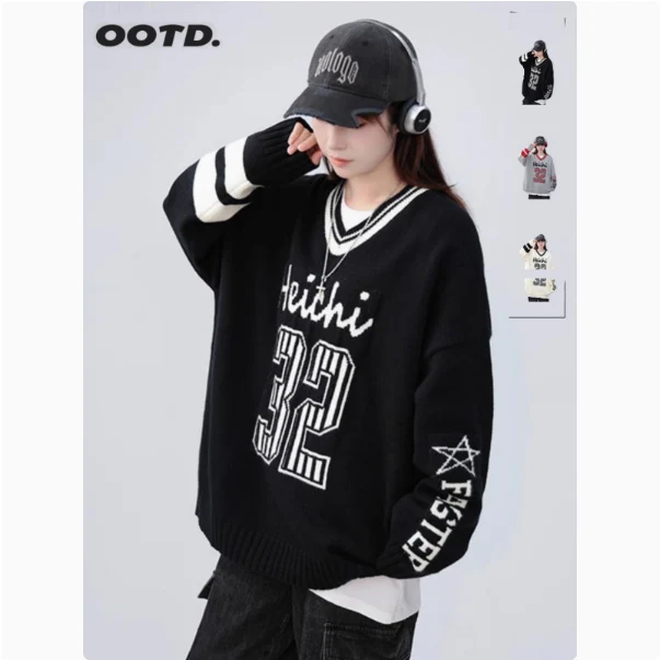 Contrast Color Digital Print Loose Pullover Sweater