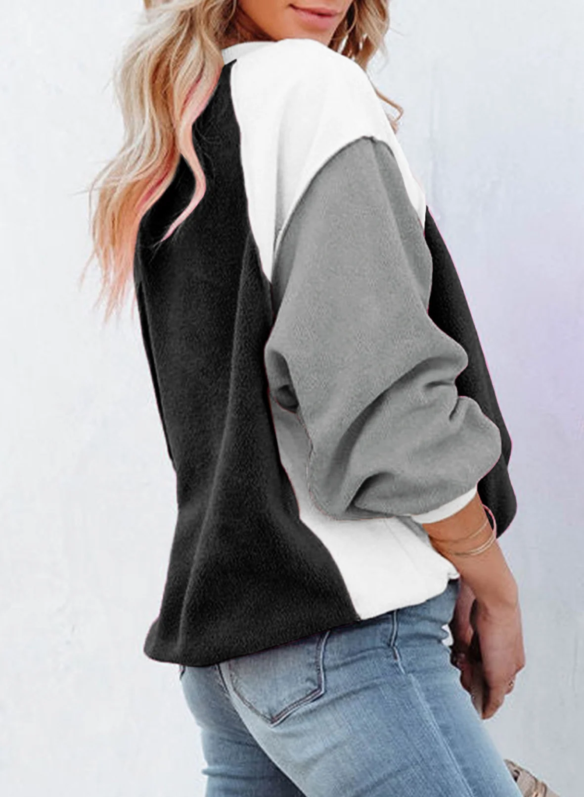 Cozy Colorblock Fleece Lantern Sleeve Pullover Top