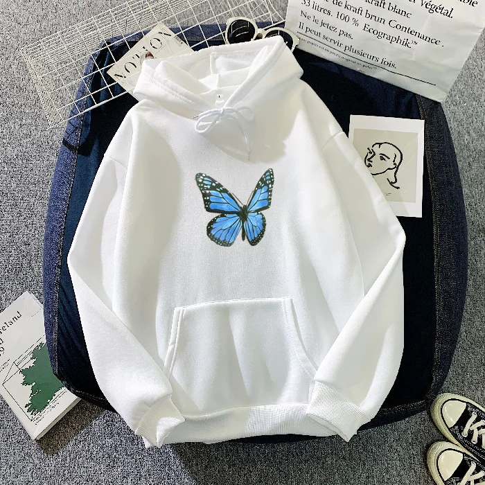 Cozy Fleece-Lined Butterfly Print Pullover Hoodie