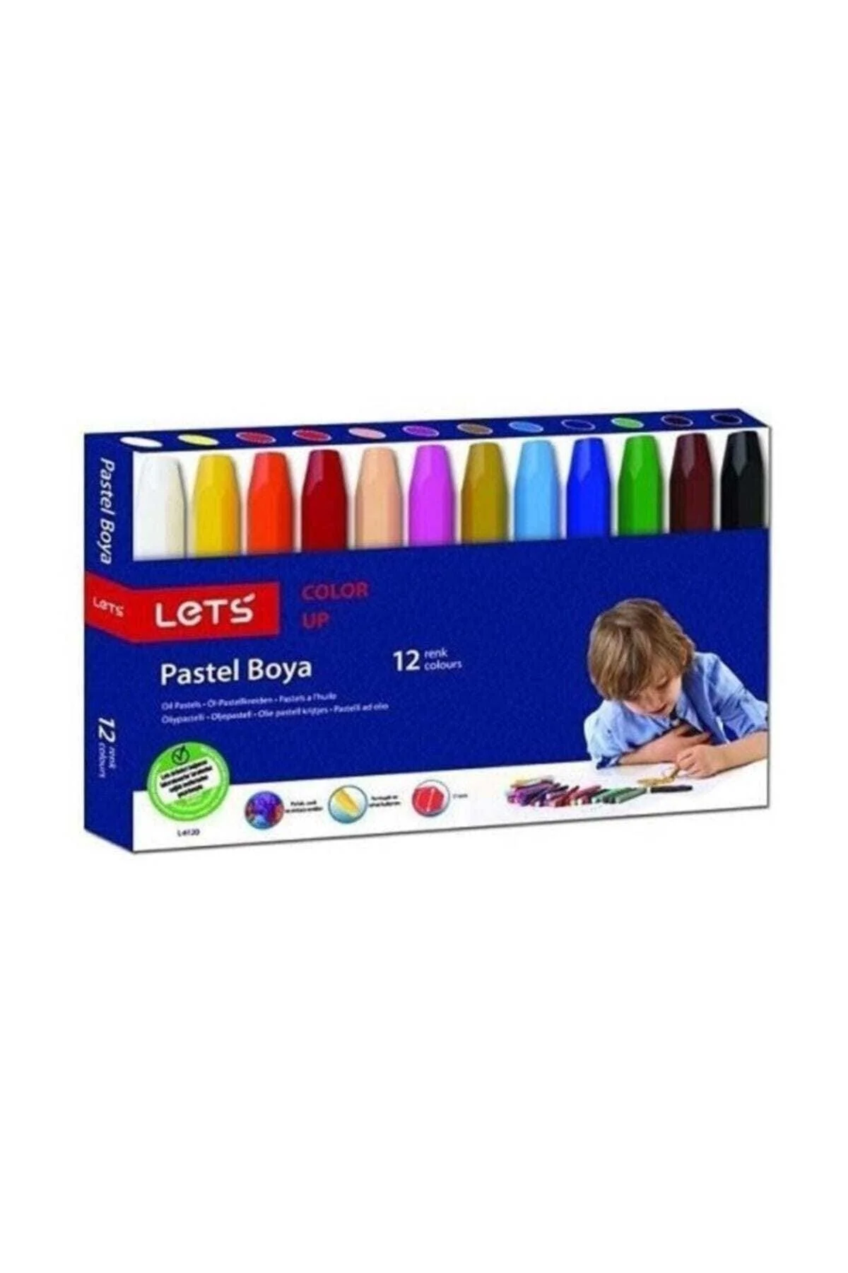 Set of 12 pastel color crayons in cardboard box