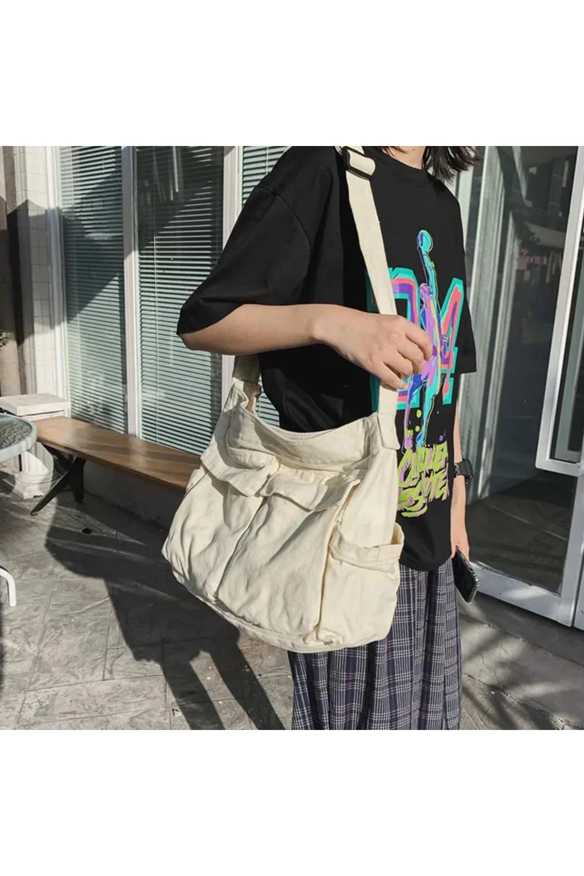 Crinkle messenger bag in cream, lightweight and spacious