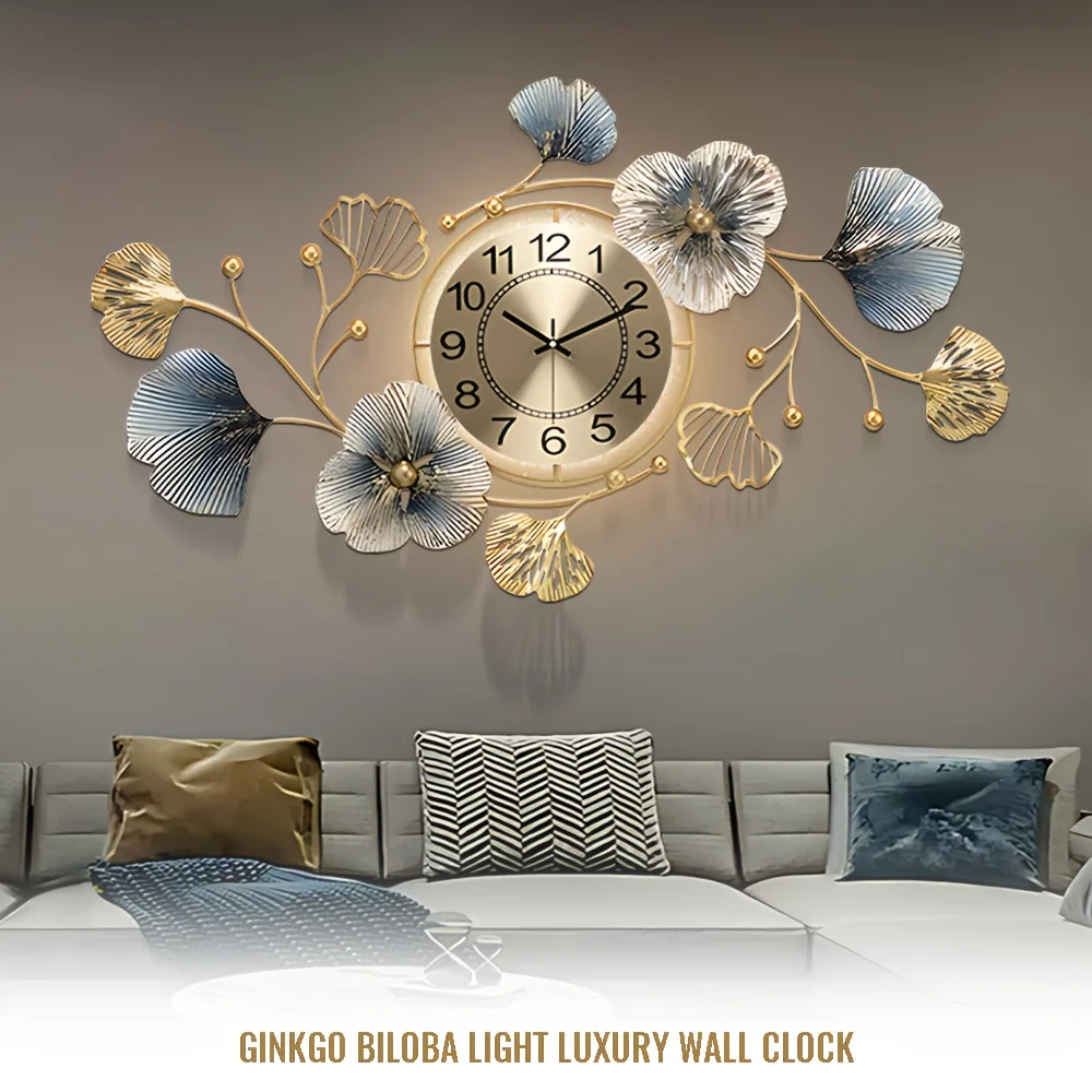 Large 3D ginkgo leaf wall clock with LED light