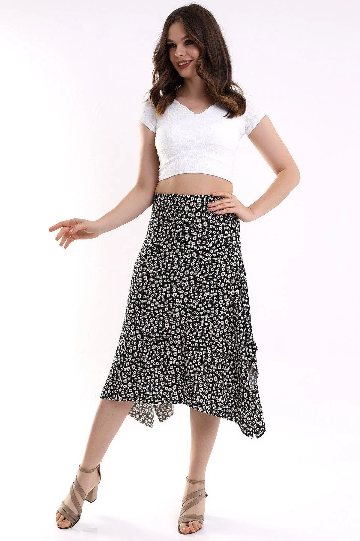 Asymmetrical patterned cress fabric skirt with lycra blend