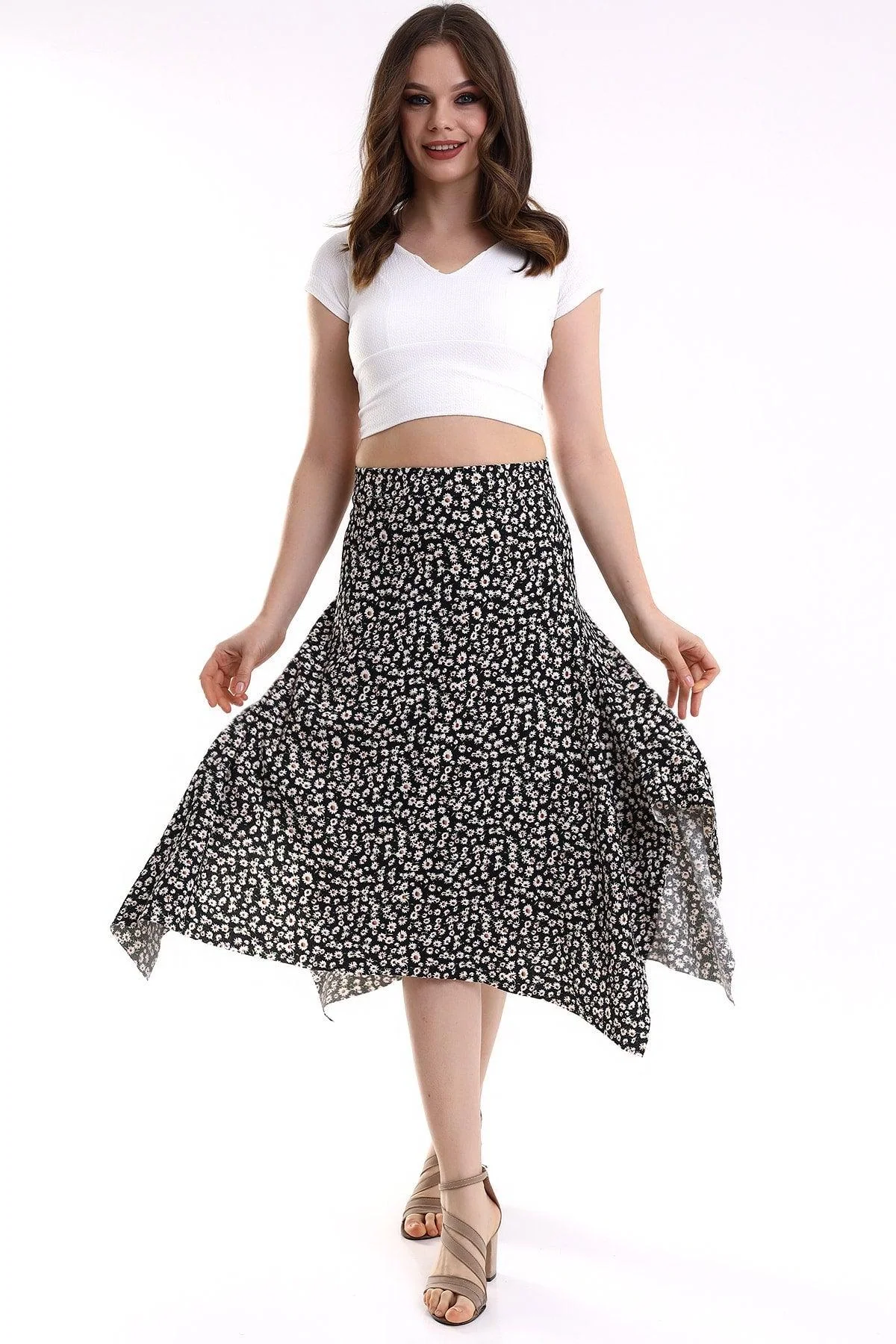 Asymmetrical patterned cress fabric skirt with lycra blend