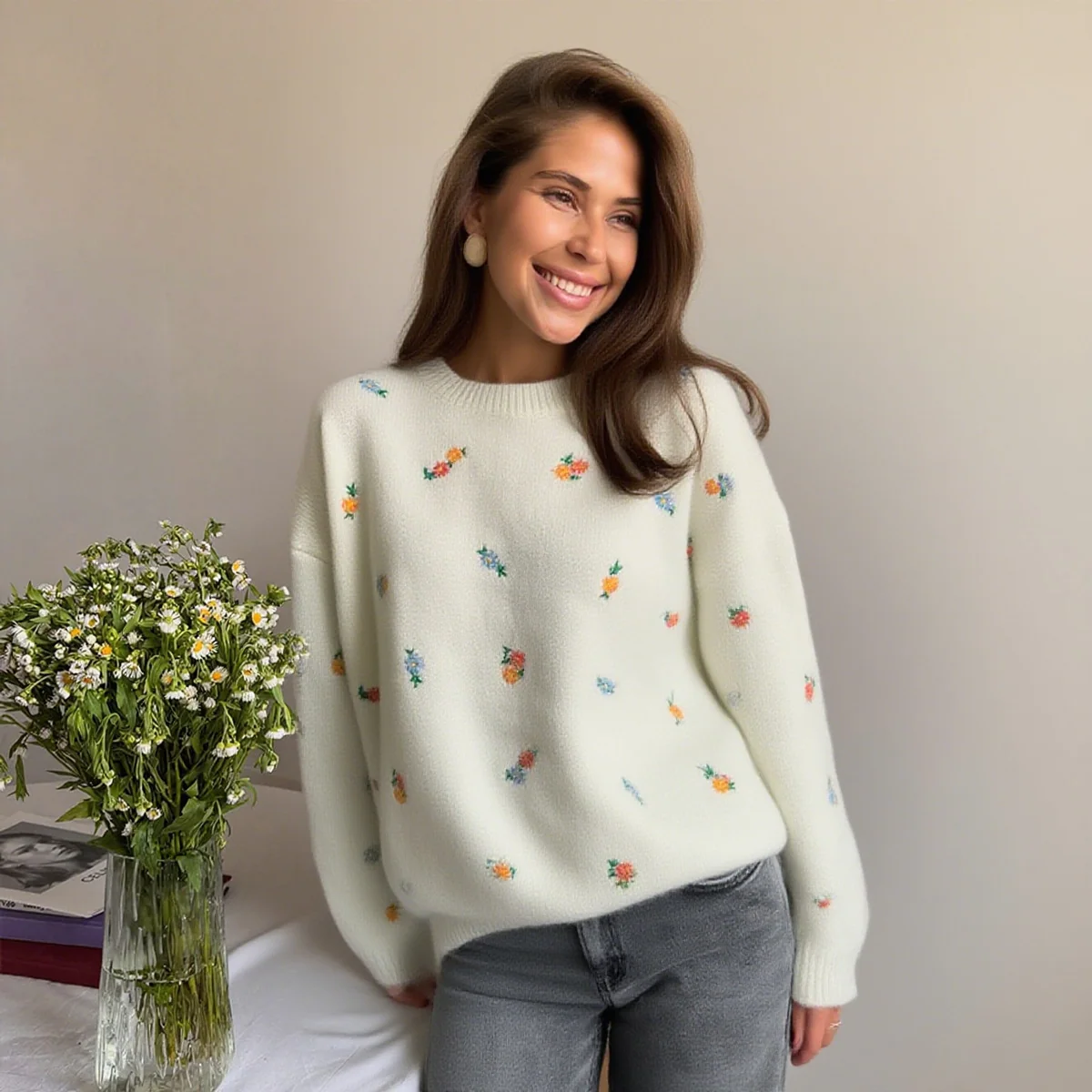 Crew Neck Pullover Embroidered Flower Sweater