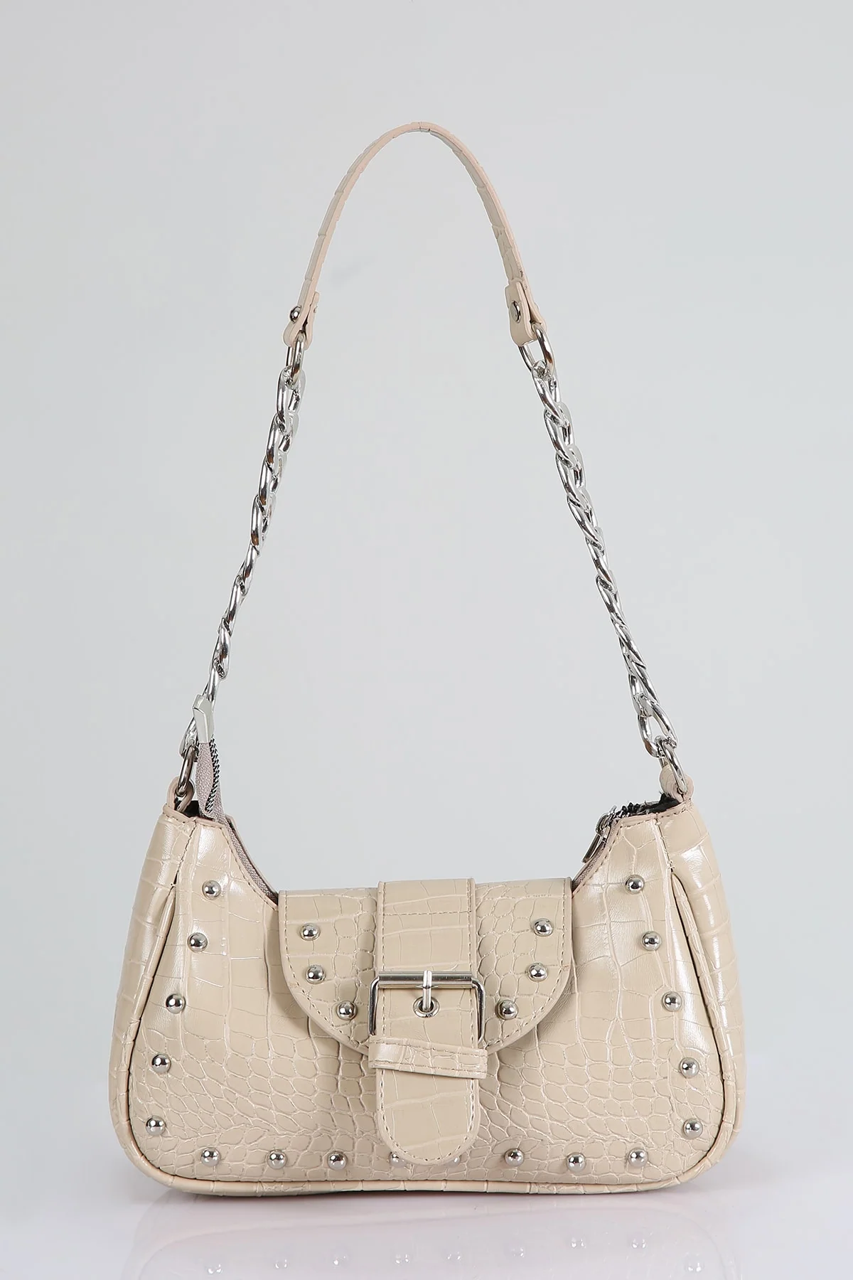 Black crocodile-patterned mink handbag with metallic staples
