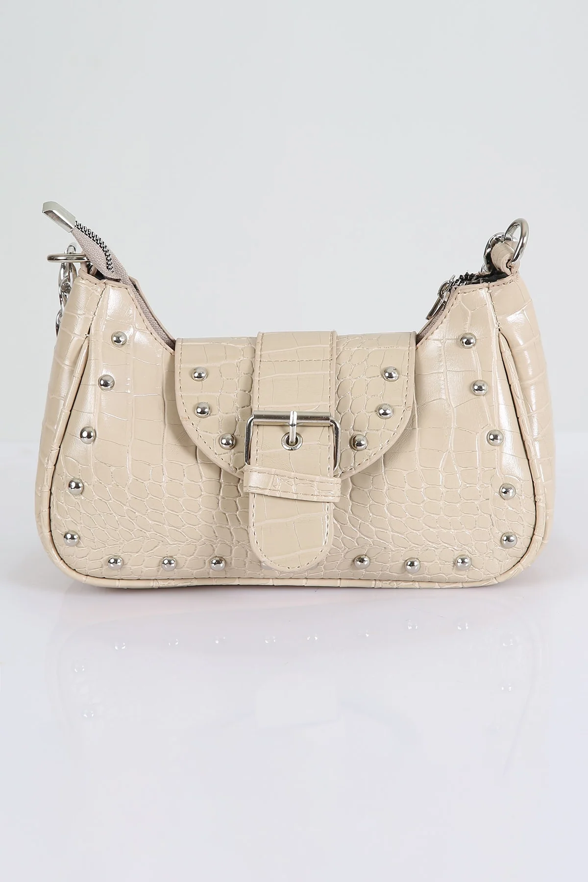 Black crocodile-patterned mink handbag with metallic staples