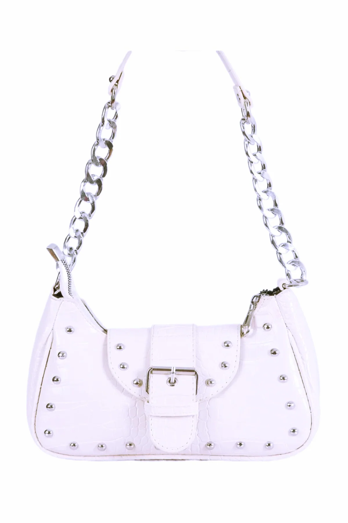 White crocodile-patterned handle bag with metallic staples and dust bag