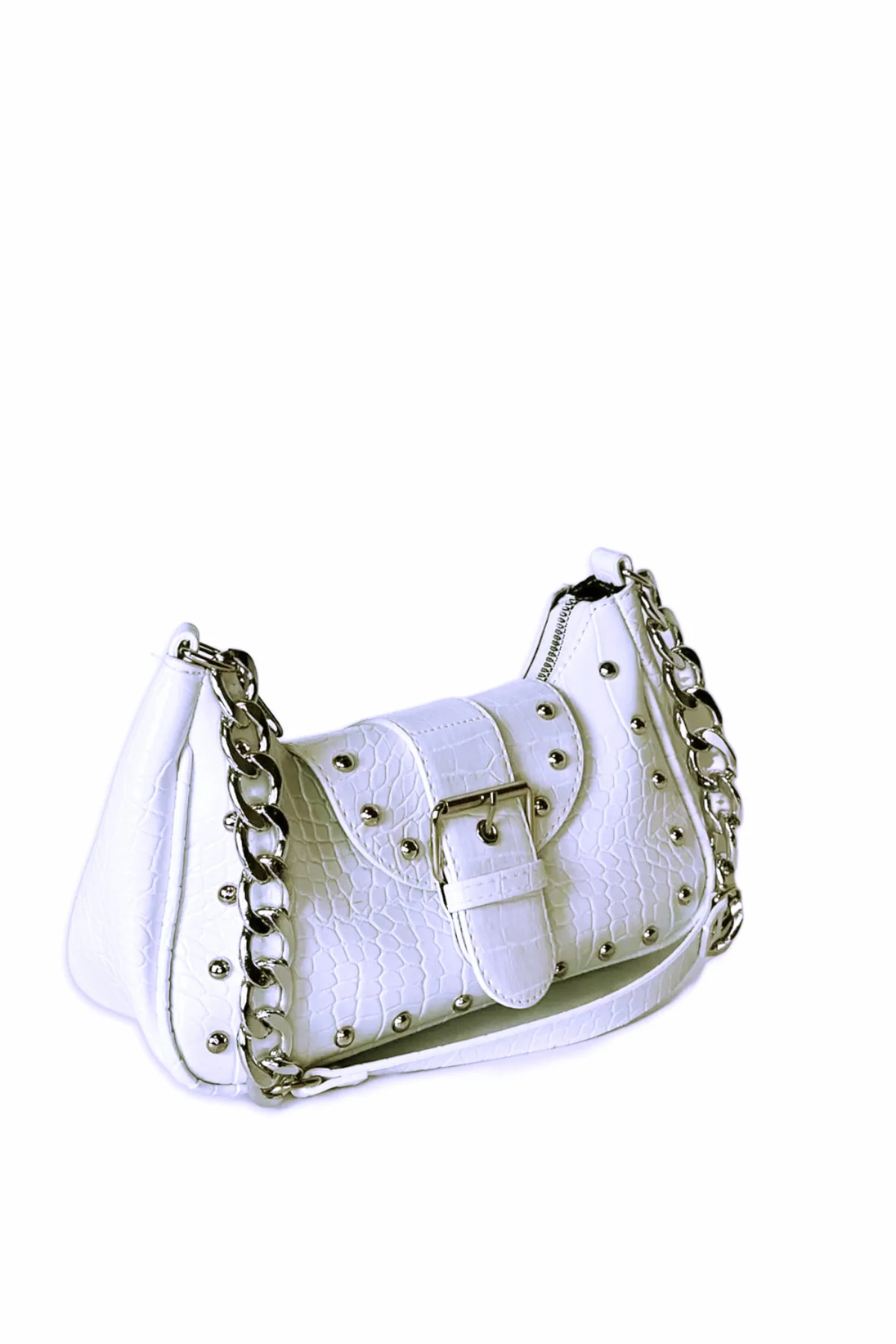 White crocodile-patterned handle bag with metallic staples and dust bag