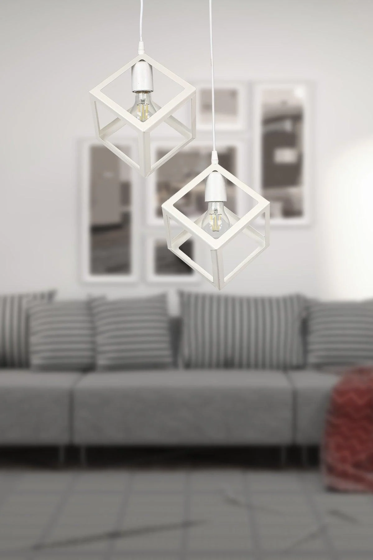 White metal cube pendant light with adjustable length