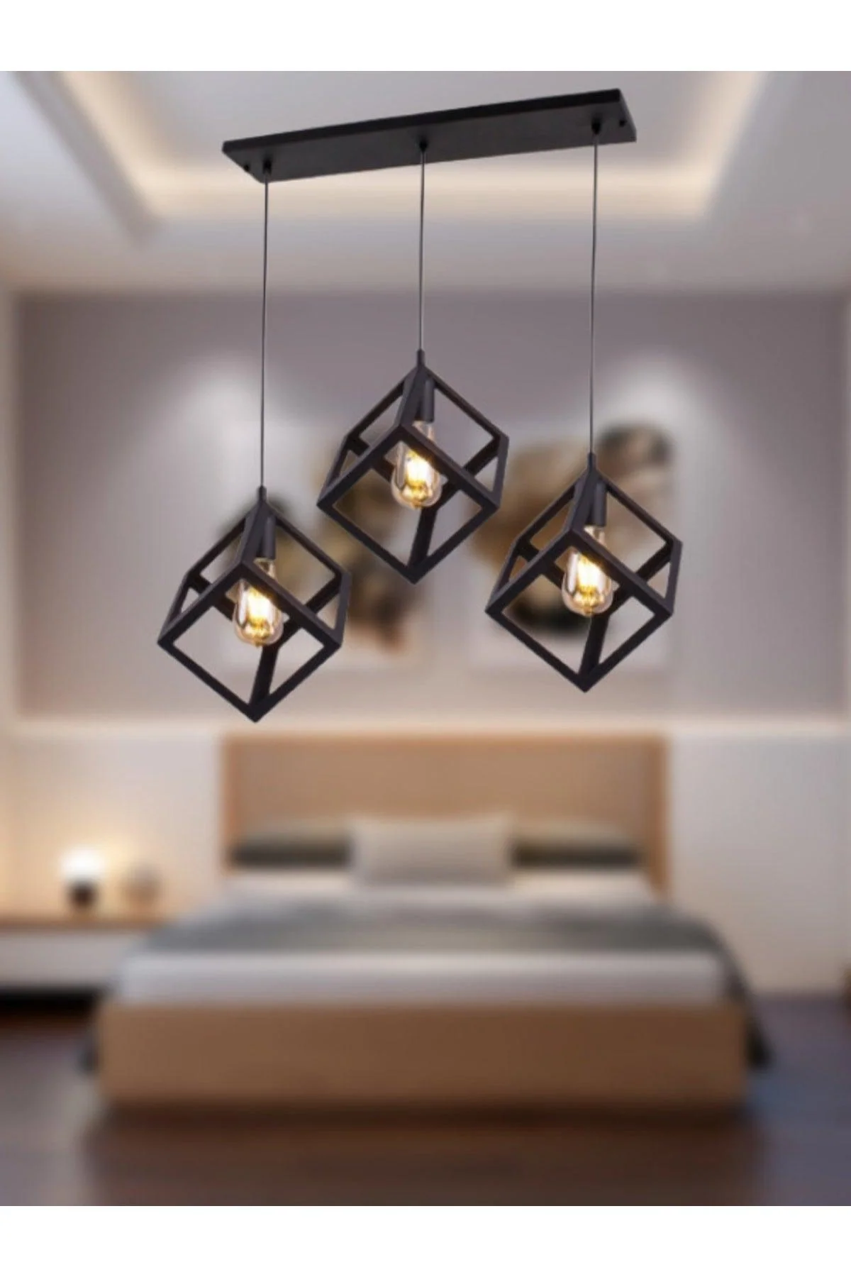Three-tier black lined cube chandelier for modern interiors