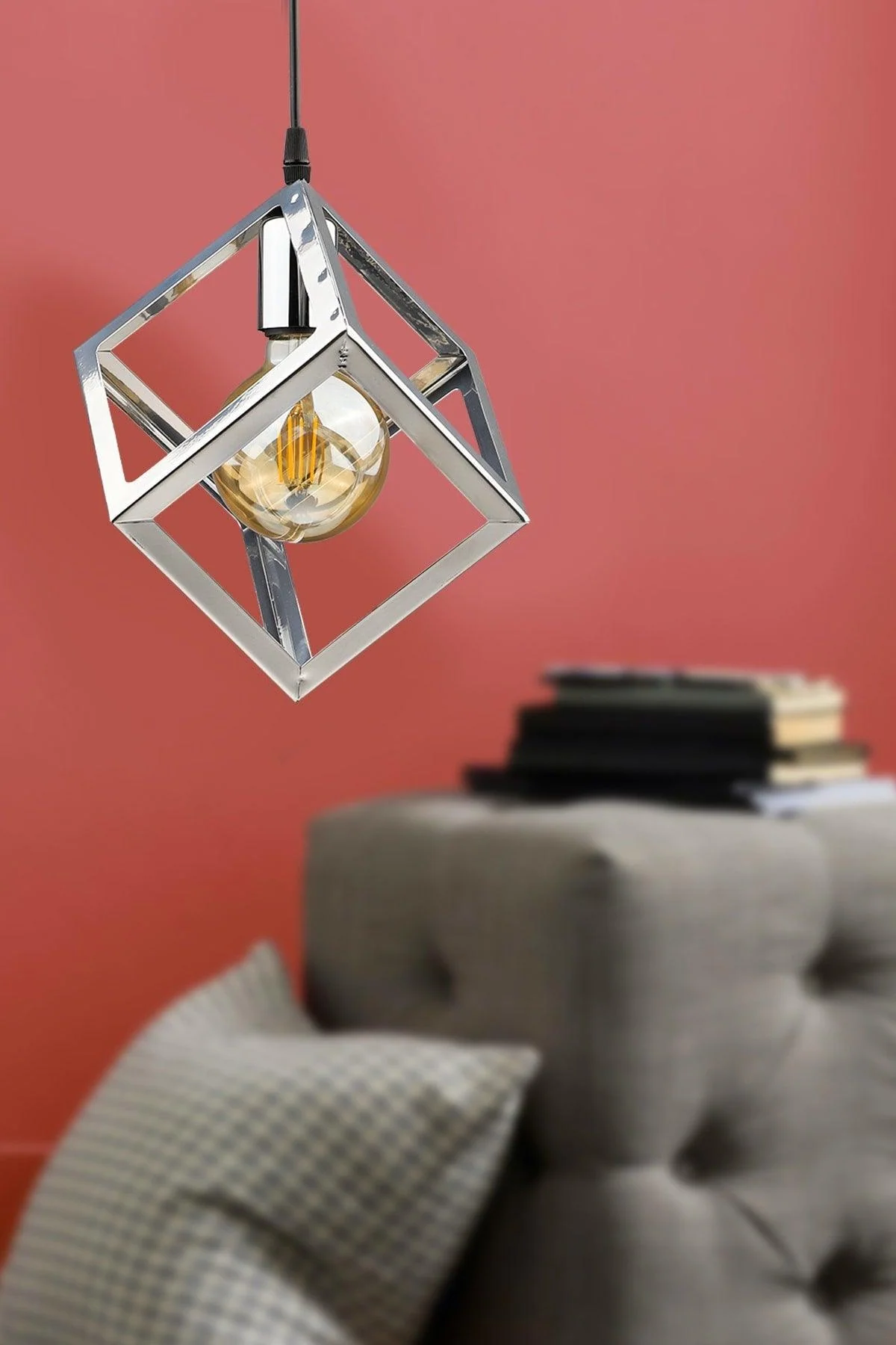 Chrome single-bulb ceiling chandelier 22 cm diameter x 75 cm height