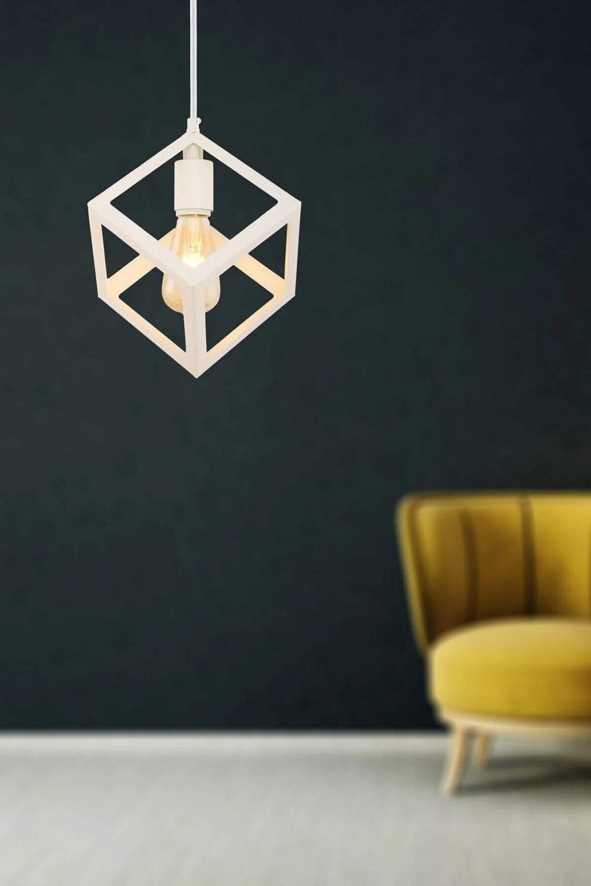 White Metal Cube-Shaped Single Chandelier