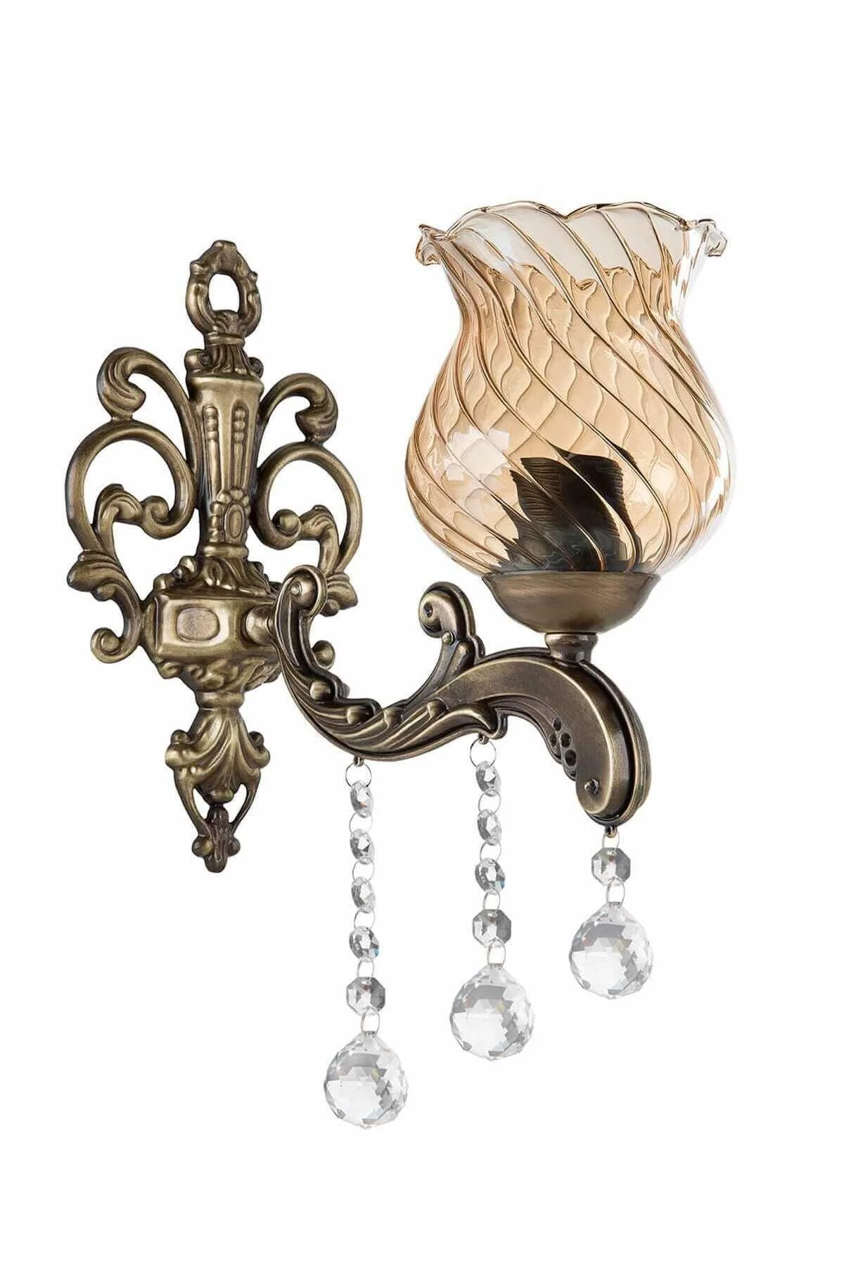 Decorative tumbled glass wall sconce with metal arm and aged finish