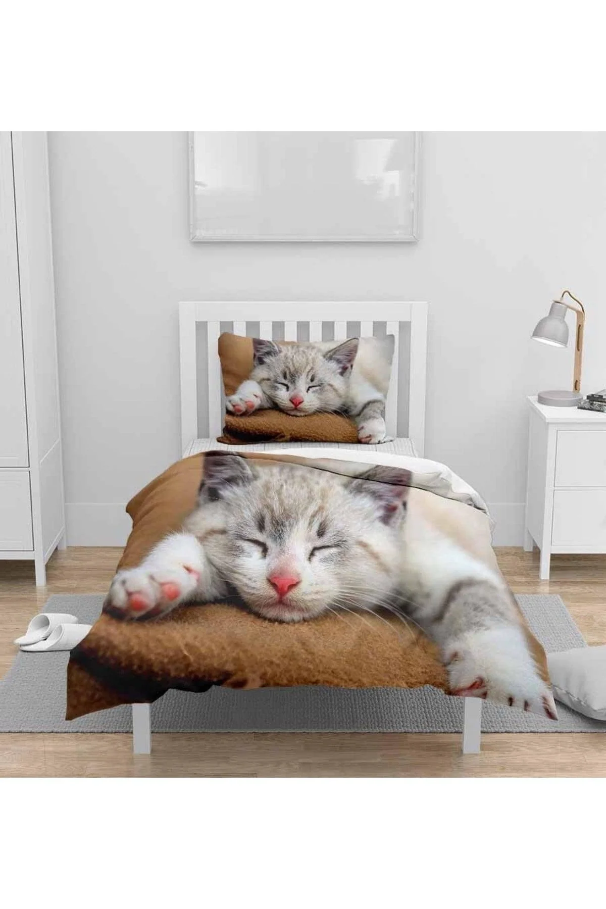 3D cat patterned single duvet cover set with fitted sheet