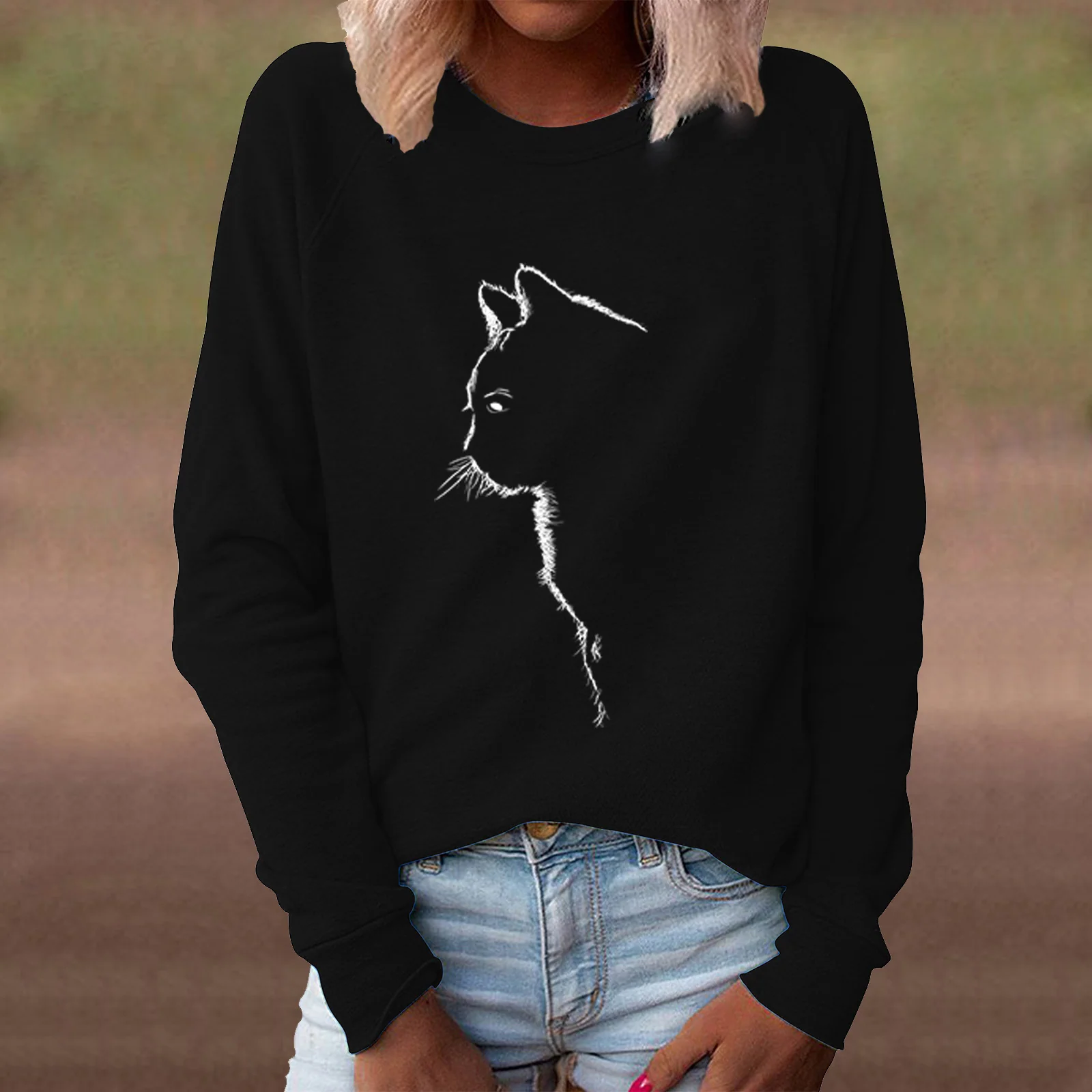 Cute Cat Print Long Sleeve Pullover Sweater