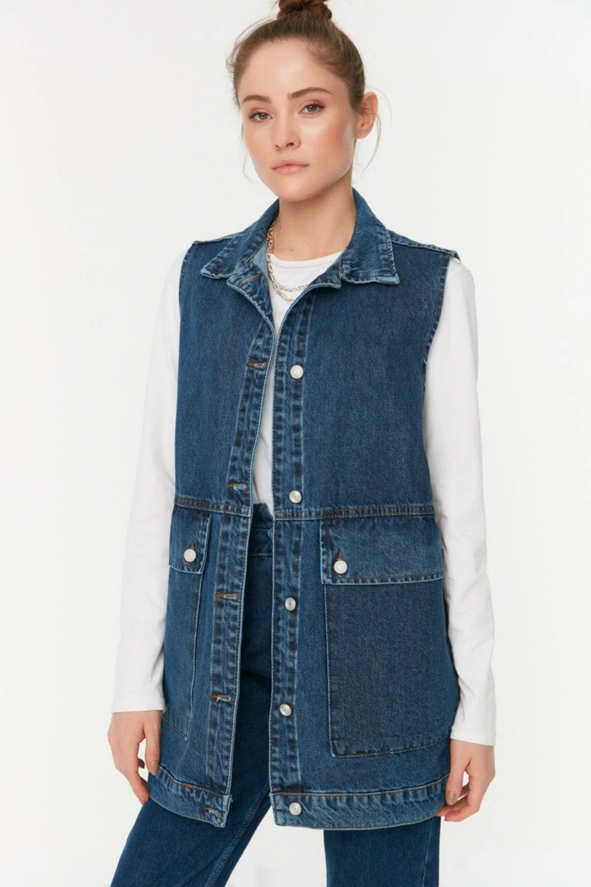 Dark Blue Denim Shirt Jacket with Collar