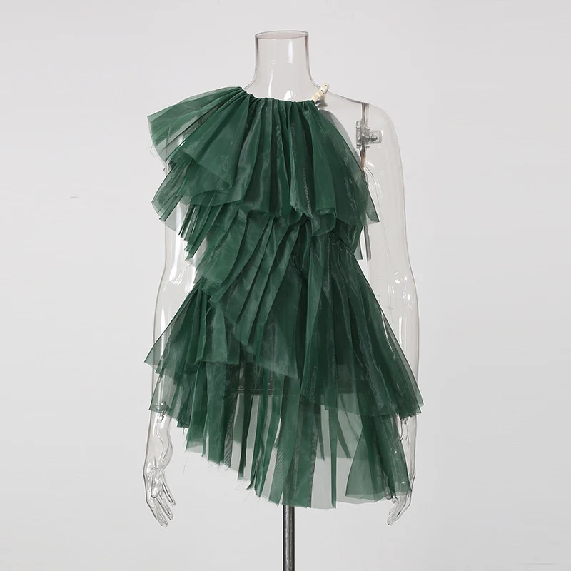 Dark Green One Shoulder Ruffle Tunic Top