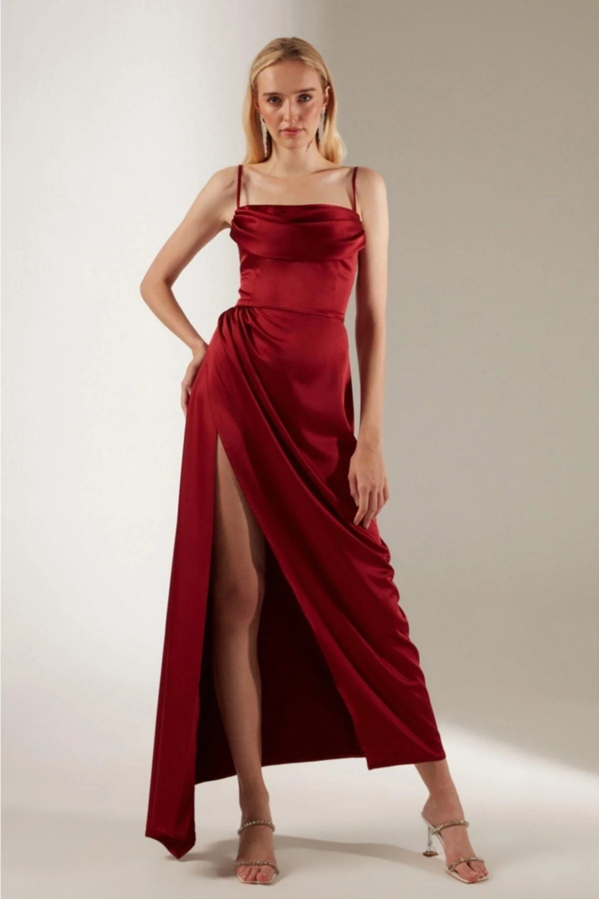 Rich Red Satin Midi Wrap Dress with Draped Straps