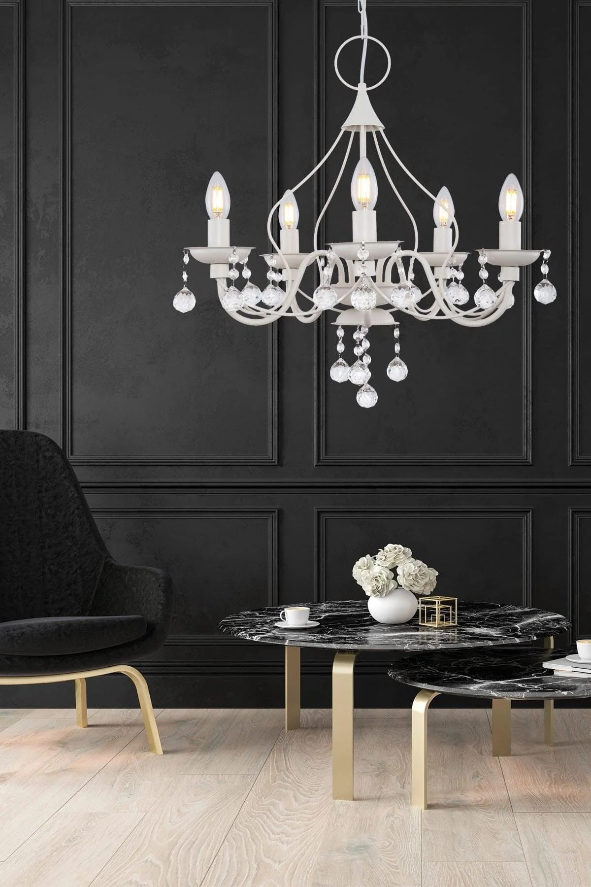 White crystal chandelier with E27 sockets, 5-light design