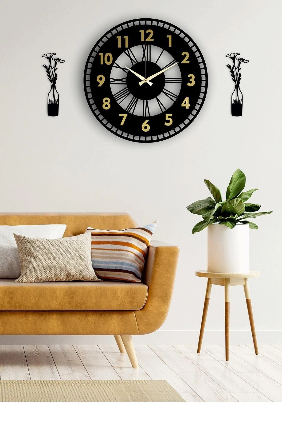 Wooden Laser-Cut Wall Clock with Vase Design, 5 mm MDF, Quartz Mechanism