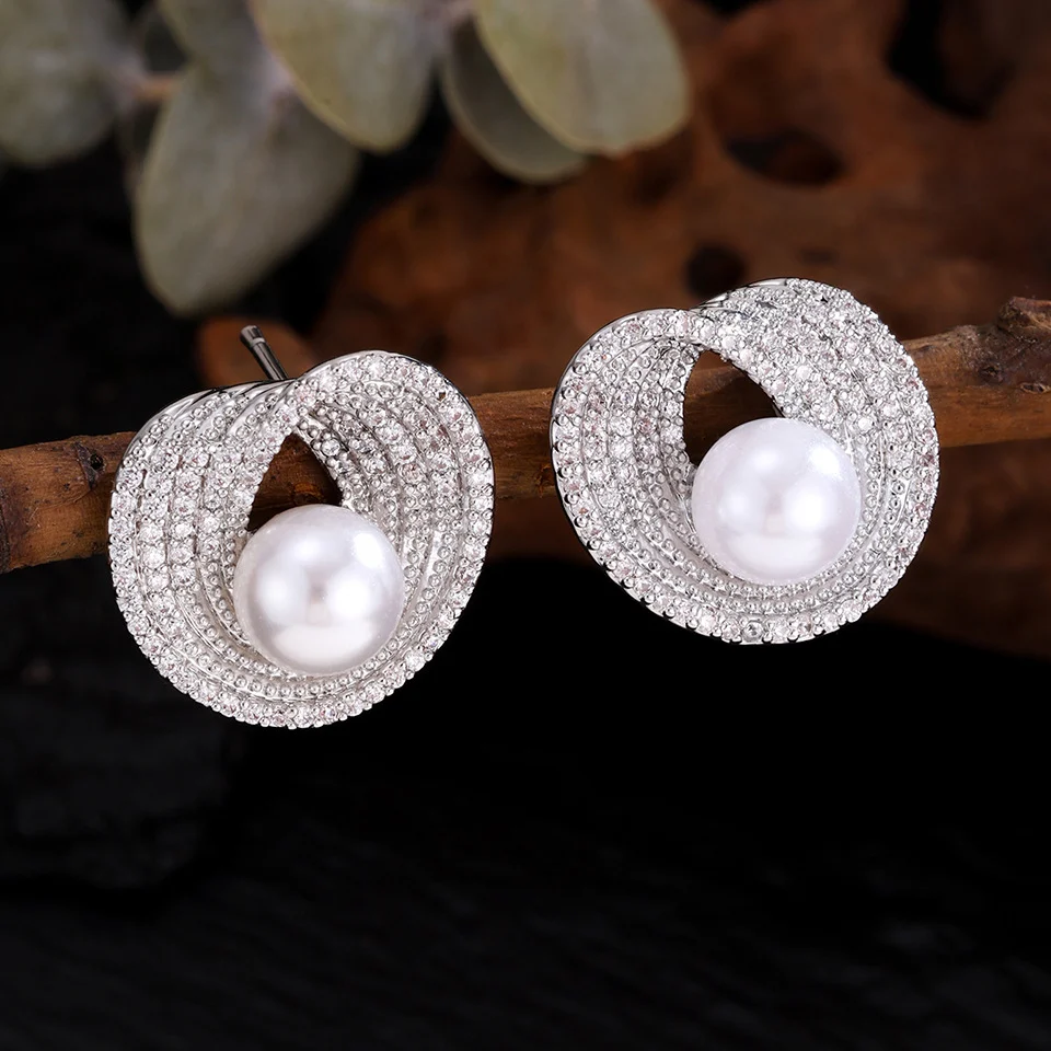 Delicate Diamond-Studded Pearl Stud Earrings