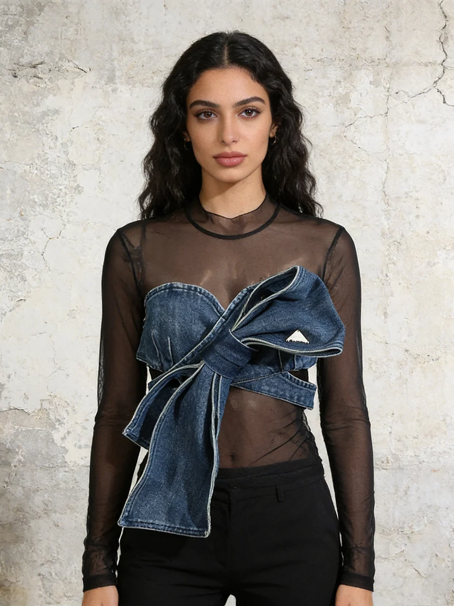 Denim Bow Mesh Overlay Top