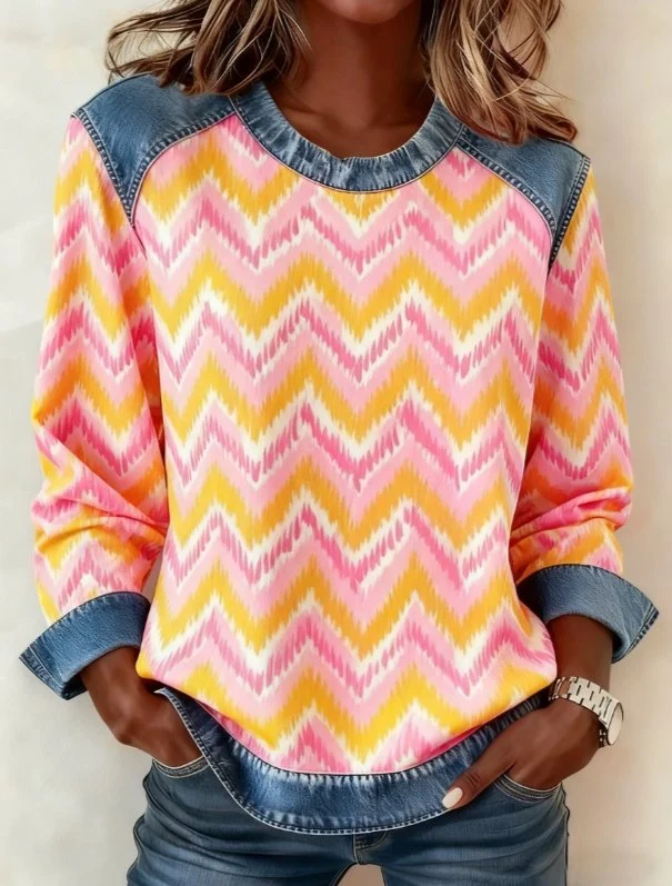 Denim Patchwork Casual Crew Neck Top