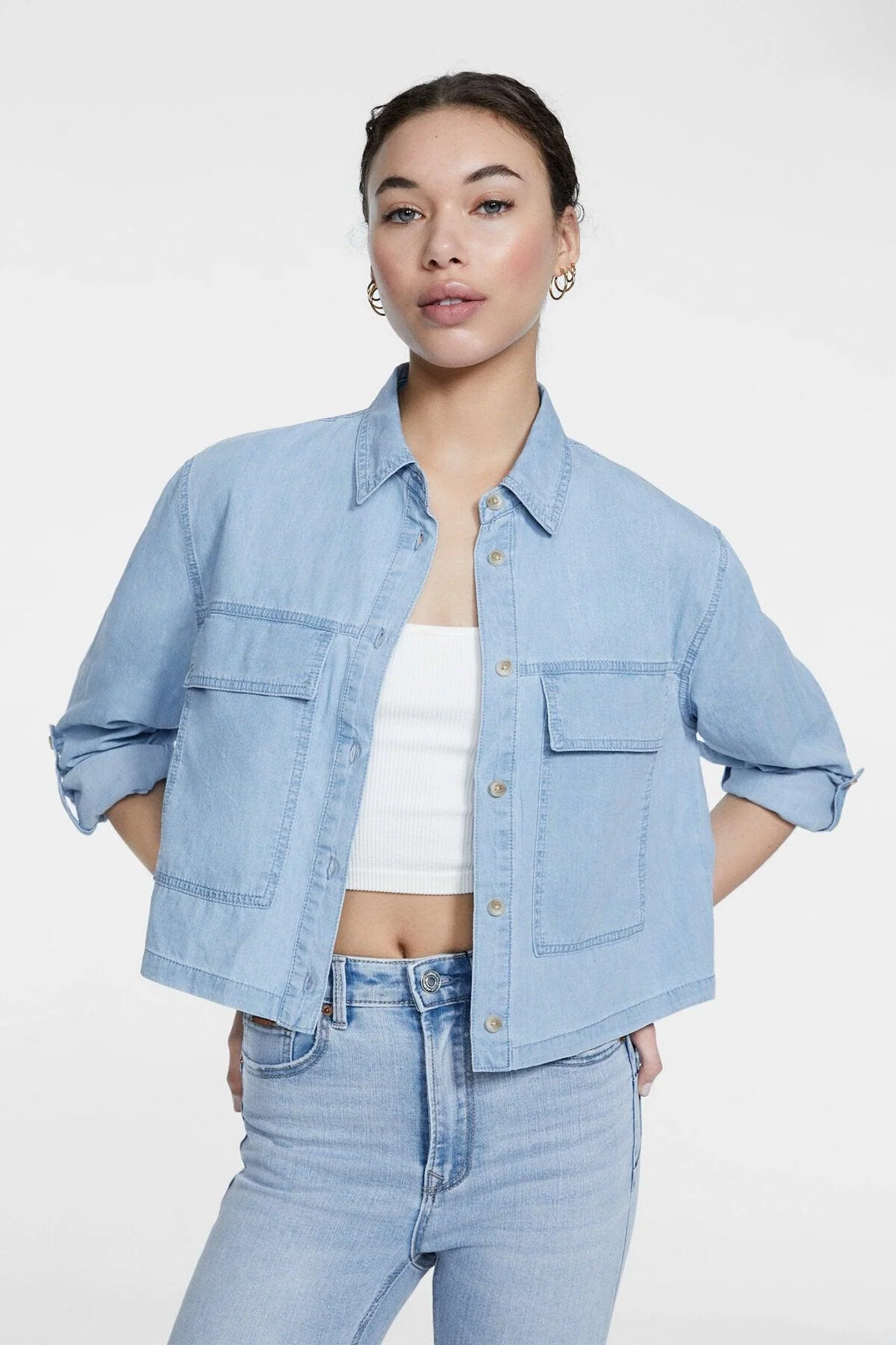 Slim fit denim utility jacket with adjustable features