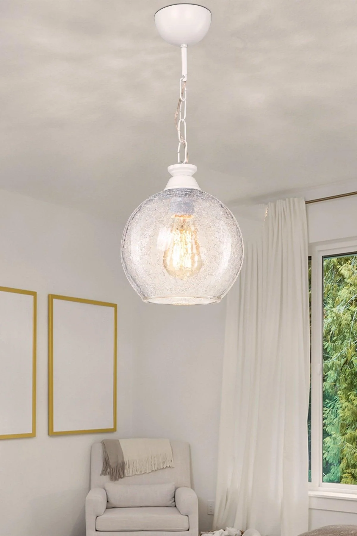 Transparent cracked glass pendant light with metal chain 23cm diameter